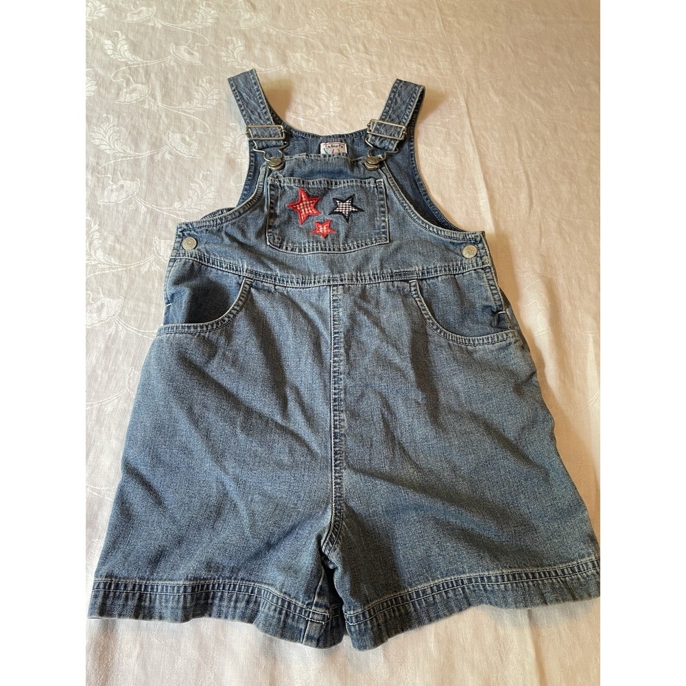 Talbots Kids Denim Short Overalls Fourth of July Stars Red White Blue Size 6